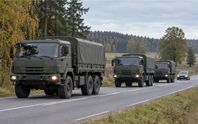 Kolumny wojskowe na drogach podczas ćwiczeń Czarny Obrońca-26 Kolumny wojskowe na drogach podczas ćwiczeń Czarny Obrońca-26